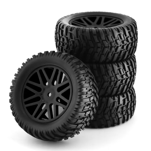 Chanmoo 1/10 RC Off Road Tires and Wheels 12mm Hex Rubber Short Course Truck Tyres with Foam Insert for 1:10 Scale Buggy Car ARRMA Traxxas Wltoys 144001 Losi HSP 94107 94170 94155 94177 4PCS (Black)