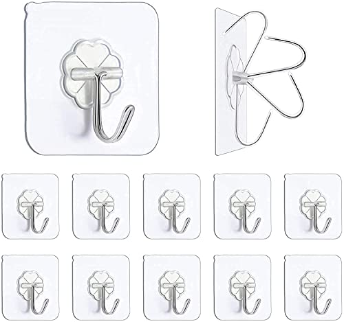 Image of KASHIVAL Self Adhesive Wall Hooks Pack of 20 Pieces 10 Flat + 10 Hanging | Stainless Steel Hooks Transparent PVC| No Drill Waterproof Hooks for Bathroom Kitchen (20 Hanging Hook)