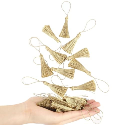 Image of 48Pcs Mini Bookmark Tassels Handmade Keychain Silky Tassel | (Light Gold)3.75inch Tassel, Silky Floss Craft Tassel for Jewelry Making,Tags,DIY Accessory