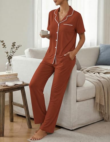 Image of ZMJ Womens Pajamas Sets 2 Piece Button Up Pj Sets Short Sleeve with Long Pant