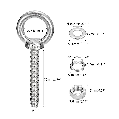 Image of uxcell Lifting Eye Bolt, 2 Sets M10x70mm Eye Bolt with Nut Washer 304 Stainless Steel Shoulder Lifting Ring Eye Bolt for Hanging Item
