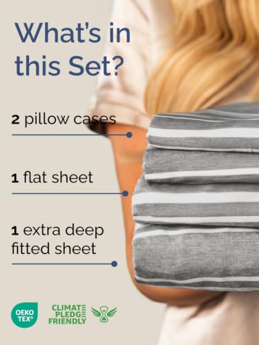 Image of Extra Deep Pocket Cal King Sheet Set - Breathable & Cooling - Grey Stripes
