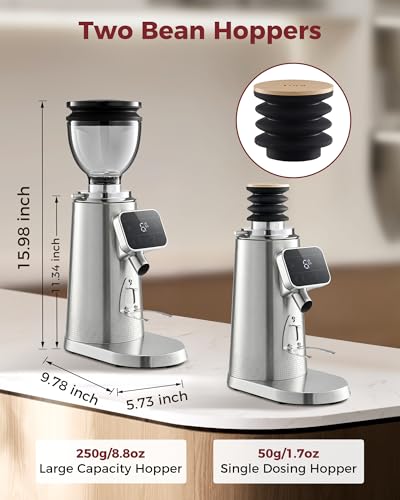 Image of Tuni G3 64mm Flat Burr Coffee Grinder, 100 Grind Settings Electric Espresso Grinder with Single Dose Set | Commercial Grade Precision, Touchscreen | Anti-Static Tech | Stainless Steel (Silver)