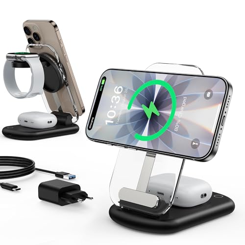 Station de Charge inductive, Chargeur, 3 en 1 Station de Charge Compatible avec iPhone 17 16 15 14 13 12, Chargeur sans Fil 15W Pliable réglable pour Apple Watch10/9,Airpods 3/2/Pro,Noir Profond
