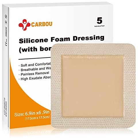 Carbou 5Pcs Silicone Foam Dressing 7" x 7" (17.5cmx17.5cm) - Wound Care Sacrum Foam Dressing with Border Adhesive Waterproof Central Ultra Absorbent-Foam(4.9" X 4.9")Waterproof Silicone Wound Bandage Cover