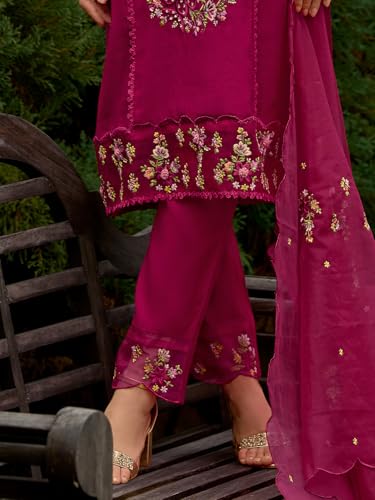 Image of INDO ERA Women's Straight Cotton Blend Floral Embroidered Kurta & Pant with Dupatta Set