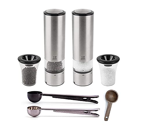 Peugeot Elis Sense U-Select 8 Inch Salt & Pepper Mill Gift Set - With 2 Stainless Steel Spice Scoop/Bag Clip & Wooden Spice Scoop (Salt & Pepper Mill Set)