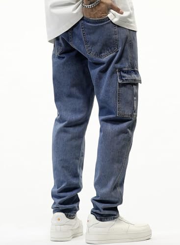 Image of JMIERR Men's Elastic Waist Cargo Jeans Stretch Denim Pants with Drawstring Relaxed Fit for Casual Daily Wear