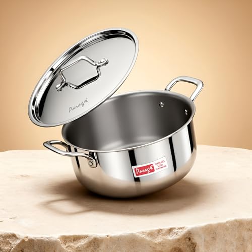 Image of Parage Tripure Triply Stainless Steel Biryani Pot Handi Casserole 1700 ML with Stainless Steel Lid for Induction & Gas