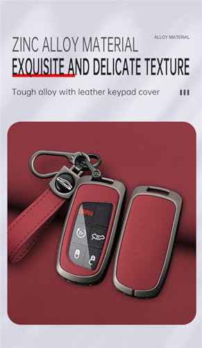 TECART Skórzana osłona breloka ochronna metalowa obudowa na klucze obudowa pasuje do Dodge Charger Challenger RAM Durango Smart Key Cover, długa czerwona