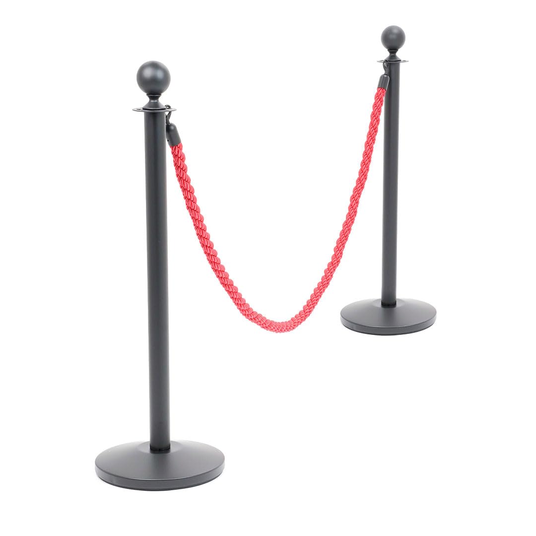 Danieli Store - Postes Separadores Negro con Cuerda de 2mt - Poste Separador Exterior de Metal con Cordón - Postes Separadores con Cordón para Hoteles, Teatros y Museos (Rojo)