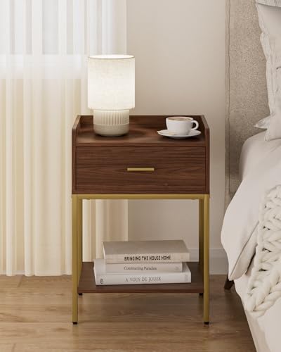 Image of Masupu Nightstand, 3-Tier Modern Bedside Night Stand with Storage Drawer and Shelf, Small End Side Table for Bedroom, Living Room, Walnut