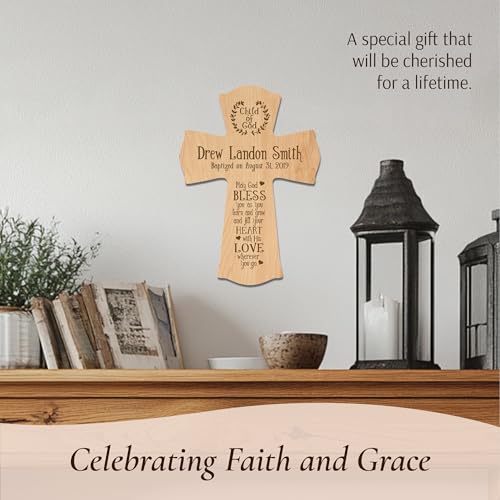 Image of LifeSong Milestones Personalized Baptism 1st Holy Communion Christening Gifts Custom Wall Cross Child of God. May God BLESS you as you learn and grow (Maple) 8.5x11
