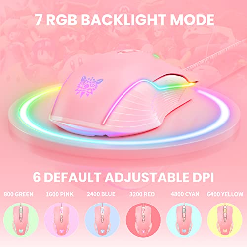 Image of Cute RGB 6400 DPI Wired Gaming Mouse Breathing LED Optical USB 7 Buttons Gamer Computer Pink Mice for Laptop PC Desktop (Pink)
