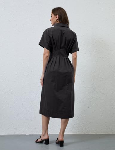 Women Striped Button Down Shirt Maxi Dresses Summer Pleated Short Sleeve Collar Casual Corset Long Dress4