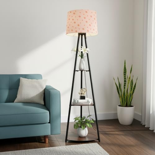 Image of Tripod Metal Floor Lamp with Shelves Stylish Standing Lamp for Living Room Decoration Bedroom Corner Stand Aesthetic Home Decor (Orange Polka Dots) LED Bulb Included
