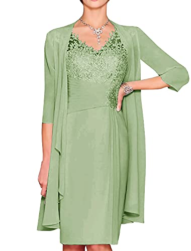 Women s Knee Length Chiffon Gowns 3 4 Length Sleeve with Mother of The Bride Dresses Sage Green 16