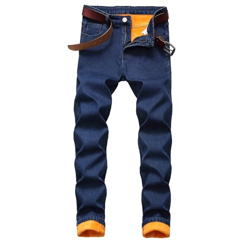 JEShifangjiusu Fleece Lined Slim Fit Jean for Men Thicken Trouser Winter Warm Denim Jeans, Dark Blue, 33W