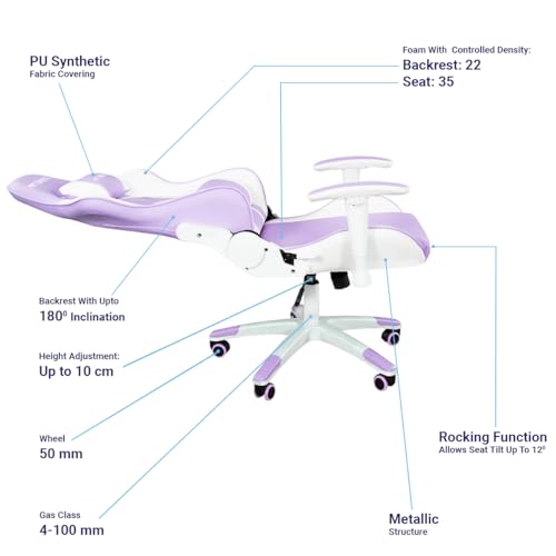 Image of Ant Esports 9077 Ergonomic Gaming Chair, Multifunctional Gaming Chair with Premium PU Leather Upholstery, 2D Armrest, Integrated Neck and Lumbar Support, & 180 Recline - White & Purple