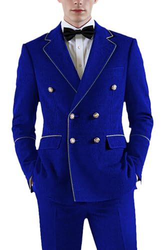 UNINUKOO Double Breasted Suit Men Velvet Classic Fit Formal Dinner Party Wedding 2 Piece Business Suits for Men US Size S Royal Blue