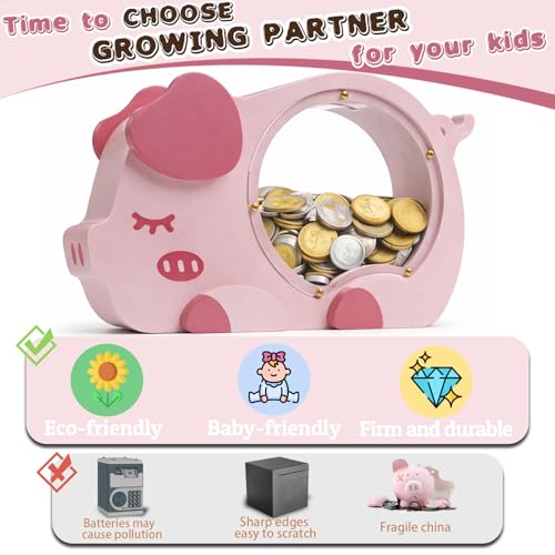 Image of Wooden Piggy Bank for Kids, Cute Money Bank for Girls, Clear Coin Bank with Plug, Wood Kids Bank Toy Unbreakable Money Box, Personalized Gift for Children Birthday Christmas and Decor