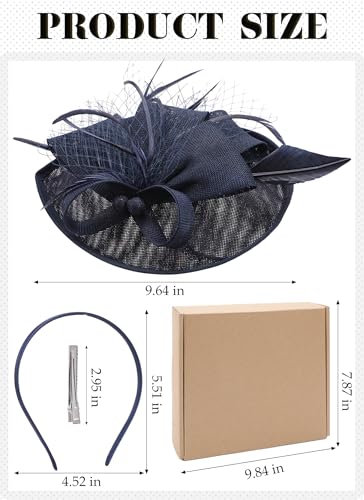 Zinniday Tea Party Hat for Women - Derby Fascinator with Detachable Headband (9.64“x7.87” / Head Circumference 21.5“-23.5”) - Lightweight Feather & Polyester Navy Blue - Thumbnail 2