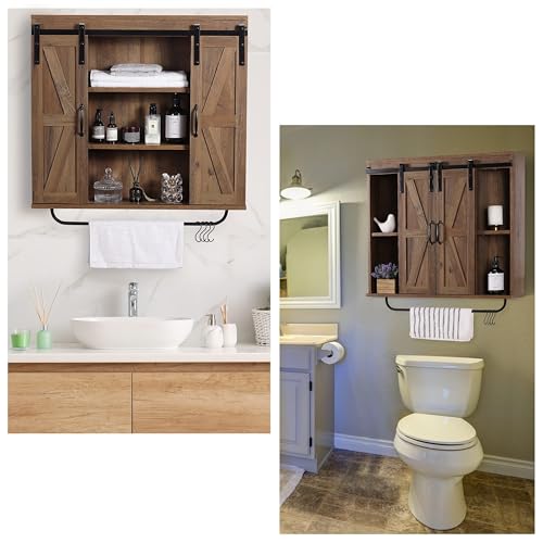 Image of RUSTOWN Farmhouse Bathroom Wall Cabinet with Sliding Barn Door & Towel Rack | 3-Tier Over the Toilet Storage Cabinets, Adjustable Shelves, Rustic Wood Medicine Cabinet, Large Vintage Cabinet for Kitchen