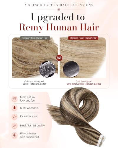 Image of Moresoo Tape in Hair Extensions Brown with Blonde 24in 20Pcs 50g | Tape in hair extensions real human hair, extra-long strands, caramel ribbons, flat tabs for braids and photo shoots