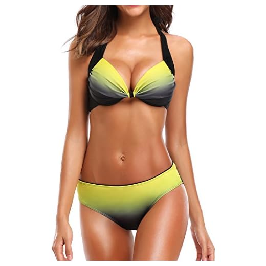 EUDOLAH Dam Bikini Set tvådelad halter push up tankini med UV-skydd badkläder (Medium, Gul)