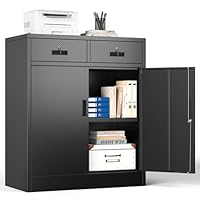 Aktenschrank, Mehrzweckschrank, Büroschrank mit 2 Türen, Schrank abschließbar, Aufbewahrungsschrank Stahl, 2 Schublade und 1 Verstellbarer Einlegeboden für Büro, Garage(Schwarz,90 * 80 * 40)