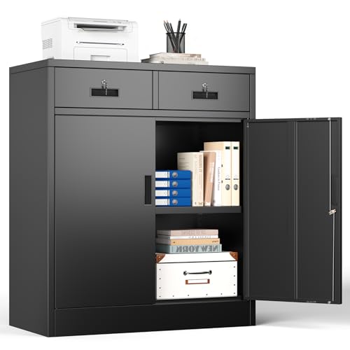 Aktenschrank, Mehrzweckschrank, Büroschrank mit 2 Türen, Schrank abschließbar, Aufbewahrungsschrank Stahl, 2 Schublade und 1 Verstellbarer Einlegeboden für Büro, Garage(Schwarz,90 * 80 * 40)