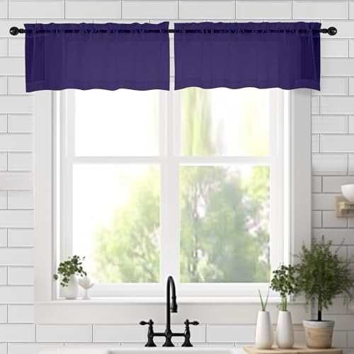 Image of Chyhomenyc Sheer Valances for Windows 2 Pack, Small Window Curtains for Living Room Bathroom Cafe Laundry Basement, Modern Top Dual Rod Pocket Voile Curtain, 42W x 18L inches, Purple