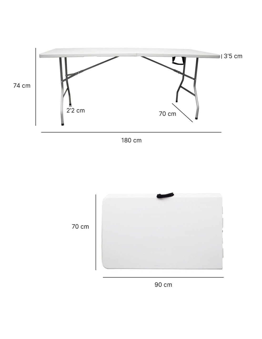 Jardin202 - Mesa Plegable Rectangular 180x70x74cm Catering | Mesa Resina con Patas de Acero Plegable para Eventos y terrazas | Unidad (Blanca)