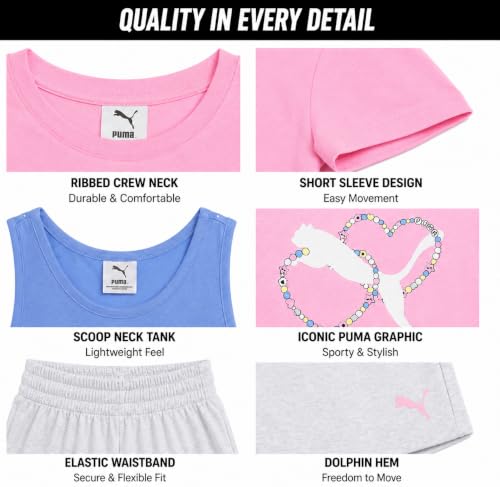 Image of PUMA Girls Active Shorts Set - 3 Piece Performance T-Shirt, Tank Top, Gym Shorts - Summer Athletic Outfit for Girls (7-14)