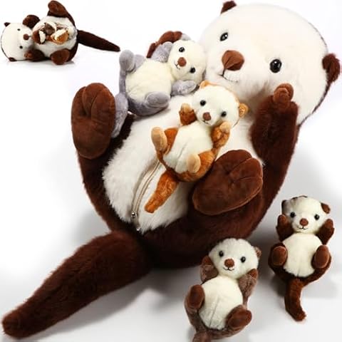 Shappy 5 Pcs Sea Otter Stuffed Animals Large Mommy Sea Otter Plush with 4 Cute Babies in Her Belly Soft Cuddly Zippered Sea Otter Plushie for Christmas Birthday New Year Gifts Party Favors(Brown) Cover
