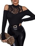 SweatyRocks Women's Mock Neck Sexy Lace Cold Shoulder Cut Out Slim Fit Knit T Shirt Blouses Tops Black L
