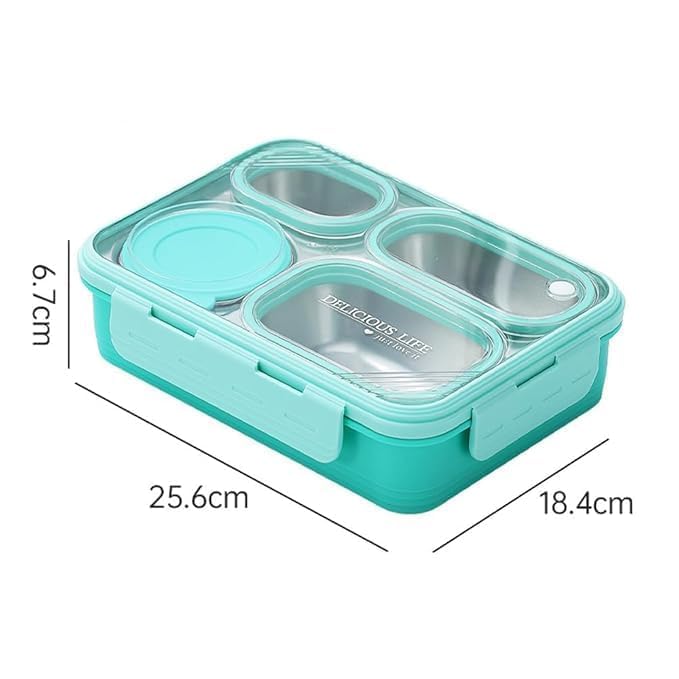 Image of TRENDYWENDY Stainless Steel Bento Lunch Box 950ml | 4 Compartment Leakproof Tiffin Box with Sauce Container & Spoon | Lunch Box for School, Office & Travel (Mint Green)