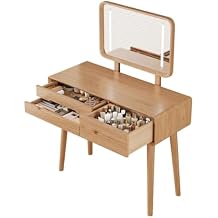 Soild Wood Vanity Table 40 IN with Light Mirror High Adjustable, Make Up Desk Large Dressing Table 3 Lighting Modes, Makeup Vanity 3 Drawer Dresser Vanity Table Wooden for Checkroom Apartment Bedroom