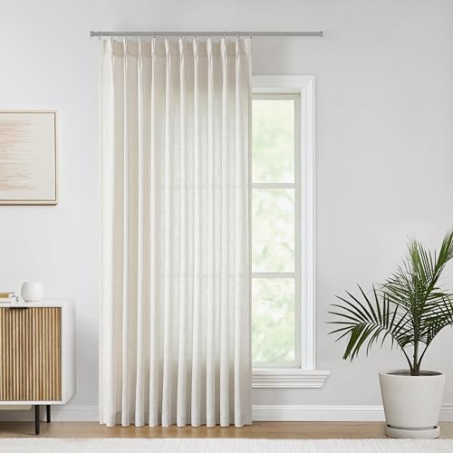 Image of Vision Home Natural Pinch Pleated Semi Sheer Curtains Textured Linen Blended Light Filtering Window Curtains 90 inch for Living Room Bedroom Patio Pinch Pleat Drapes with Hooks 1 Panel 60 inch Wx90 L