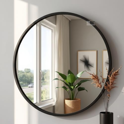 Image of Round Wall Mirror in Gold I Metal Frame Mirror I Modern Design Metal Frame Mirror in Medium Size I Bathroom Wash Basin, Bedroom, Drawing Room (Black 30 inch)