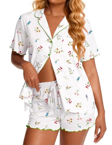 Image of Ekouaer Viscose from Bamboo Women Pajama Sets Button Up Cooling Pjs Short Sleeve Ruffle Sleepwear 2 Piece Lounge Shorts Set