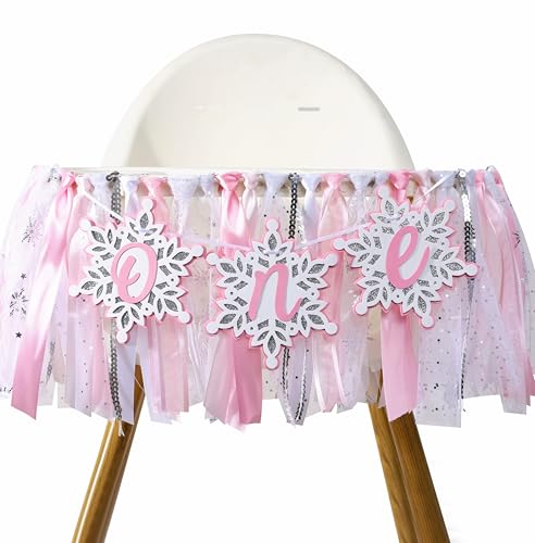 Image of Winter Onederland High Chair Banner - Pink Snowflake Highchair Banner, Winter Wonderland 1st Birthday Decor, Winter 1st Birthday Decoration for Girls, Banner, Silver Glitter and Pink Tulle Ribbon