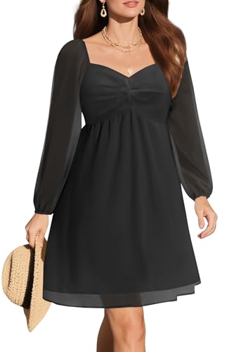 Image of Women Black Graduation Dresses Long Puff Sleeve Sweetheart Neckline Chiffon Aline Short Dress