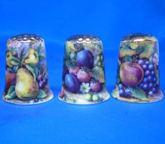 Porcelain China Collectible - Set of Three Thimbles - Fruit Paintings Gold Top
