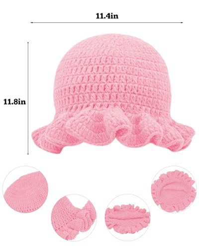 Image of Women Crochet Bucket Hat Cute Winter Ruffled Brim Floppy Cap Handmade Knit Cloche Hats