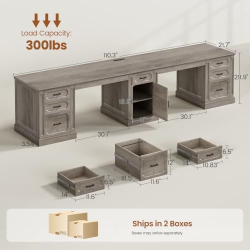 Image of SEDETA Farmhouse 110.3 inch Two Person Desk with 7 Drawers, Long Computer Desk with Storage Cabinet, 2 Person Desk with Power Outlets for Home Office, Gray
