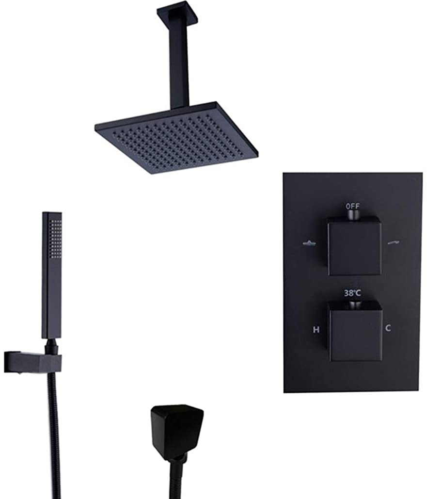 OZBMA shower set system, ceiling mounted black thermostatic brass bathroom rain mixer taps with 8-12" rainfall head and handheld shower, for set,12 inch