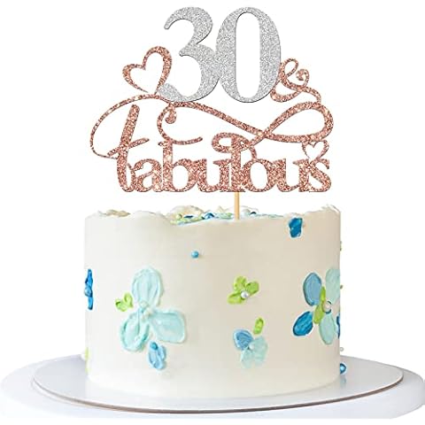 RoadSea 30 & Fabulous Cake Topper - Women Men Thirty Years Old Birthday Cake Supplies - Happy 30th Birthday Anniversary Party Decorations - Rose Gold & Silver Glitter (30) Cover
