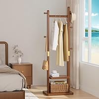 Taitiy Solid Wood Coat Rack Clothes Rack, Coat Rack Freestanding with 2 Shelves and 5 Hooks, Heavy Duty Coat Tree for Entryway, Living room, Coat Hanger Stand for Hats, Bags Clothes(Walnut Brown)