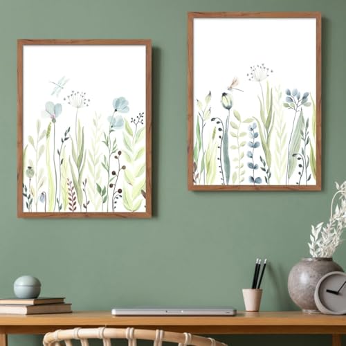 Tableau botanique aquarelle libellule et fleur bleue 70x100cm